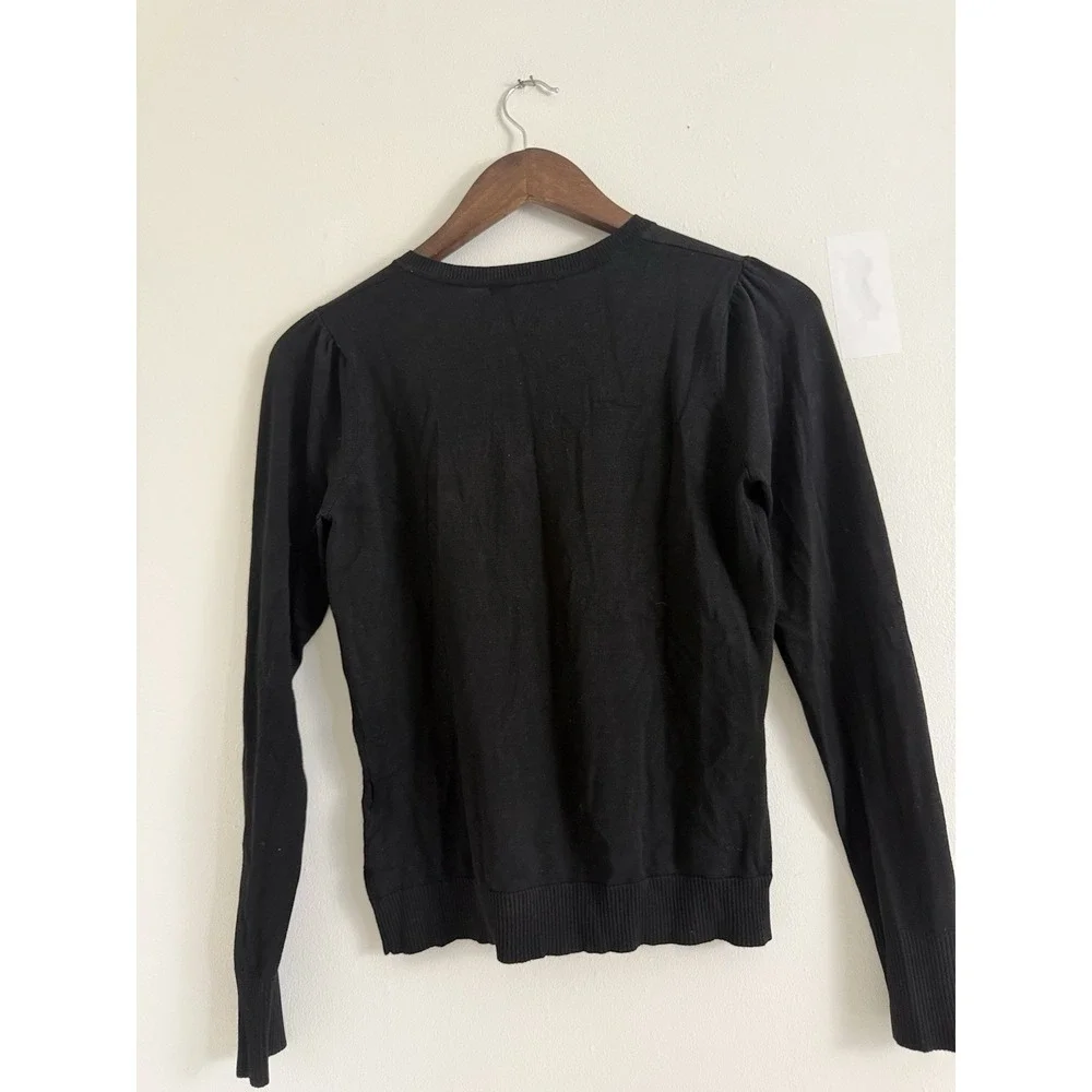 August Silk Womens S Black Cardigan Sweater Puff Sleeve Button Front Classic